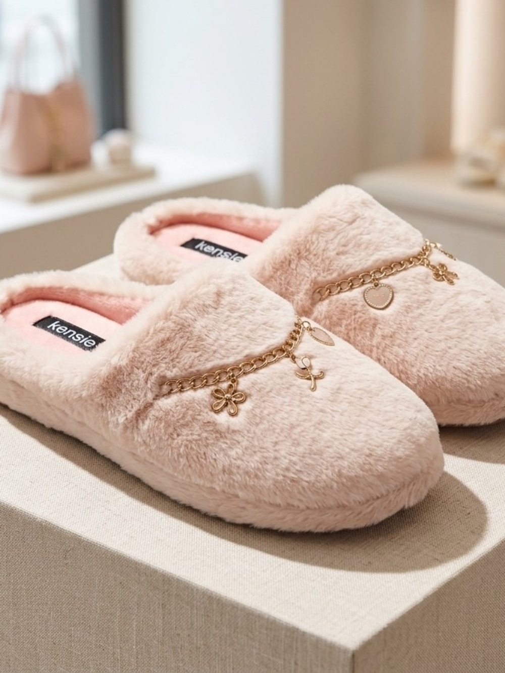 kensie Blush Pink Faux-Fur Chain Charm Slip-On Slippers